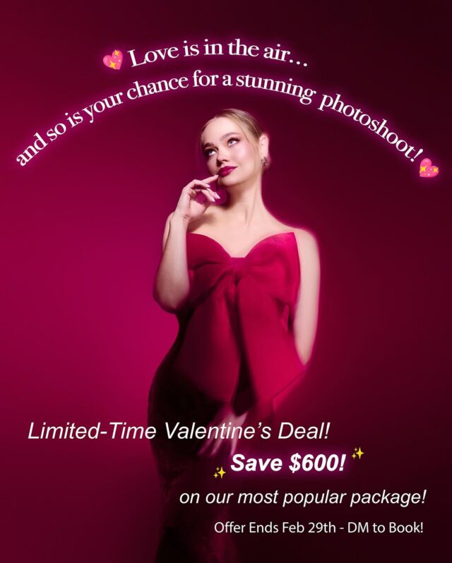 💖 Love is in the air… and so is your chance for a stunning photoshoot! 💖

✨ Limited-Time Valentine’s Deal! ✨
Save $600 on our most popular package and take home six beautiful 12x8” prints!

📸 Treat yourself or surprise a loved one with a timeless portrait.

📩 DM me now to book or click the booking button!

🗓 Offer ends Feb 29th! Don’t miss out!